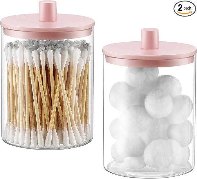 TIPGO Glass Qtip Holder Dispenser for Bathroom - 10 oz Clear Canister Apothecary Jar for Cotton Swabs, Balls, Pads, Floss Picks, Small Containers for Makeup Storage Organizer (2 Pack, Pink)