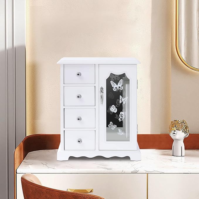 White Jewelry Box - Wooden Makeup and Accessories Organizer with 4 Drawers - Rotatable Hook with Large Mirror Dresser Decor - Wood Jewelry Case with Mirror for Necklaces, Earring, Rings