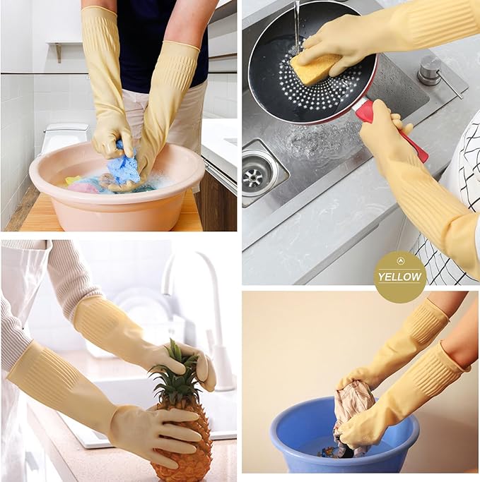 Bamllum 3 Pairs of Rubber Dishwashing Gloves for Kitchen and Household Cleaning – Long Cuff 15", Reusable, Flexible Long-lasting and Non-Slip (Red+Yellow+Green, Medium) (Pack of 2)
