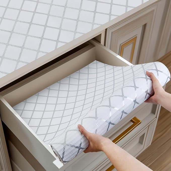 Shelf and Drawer Liner for Kitchen Cabinets Non-Adhesive, Strong Grip Non-Slip Thickened Cabinet Liners for Shelves, Waterproof Mats for Dresser Cupboard, Silver Stripe, 24 in x 10 Feet
