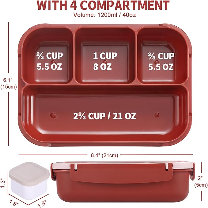 Bento Box Adult Lunch Box, Lunch Containers for Kids Girls Boys with 4 Compartments, Lunchable Food Container with Utensils, Sauce Jar, Muffin Liners, 40 Oz/5 Cup, Retro Red