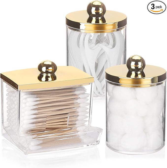 Tbestmax 10oz Cotton Ball Holder 7oz Qtips Dispenser, Bathroom Container Organizer for Storage Cotton Swabs, Pads - Apothecary Jar with Gold Lids