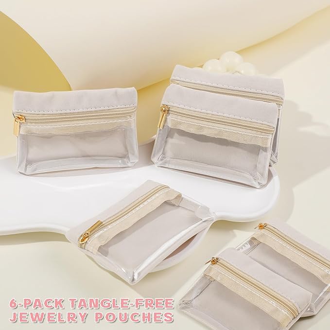 Jewelry Organizer Storage Pouches, Travel Jewelry Organizer Velvet Jewelry Pouch with Zipper Clear Travel Jewelry Bag for Travel Business Trip Mother‘s Day Gift for Mom Wife Women (Beige-6Pcs)