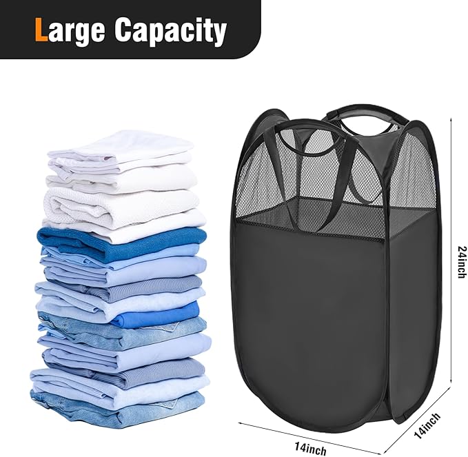 TECHMILLY Pop Up Foldable Laundry Basket, Mesh Laundry Hamper with Reinforced Handles for Dirty Clothes Storage in Dorm, Laundry Room, Bathroom, Black(Fabric)