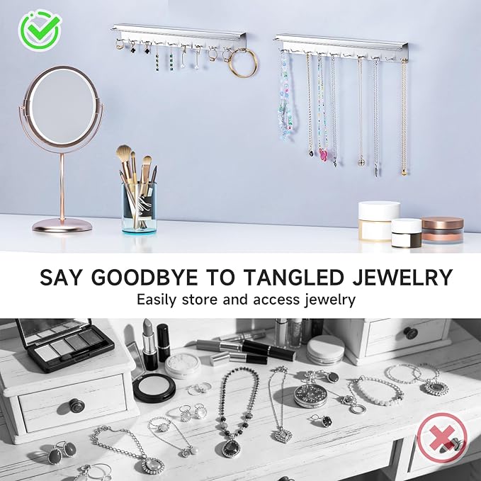 2PCS Necklace Holder Wall Mount, Hanging Jewelry Organizer, Sunglasses Holder, Headband Holders, Necklace Organizer Display with 20 Hooks for Earring,Bracelet,Glasses Storage for Women Men, Silver