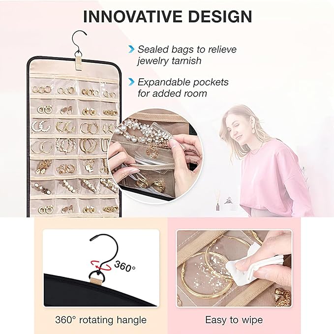 LAKSMI 2 PCS Double-Sided 360° Rotating Earring Organizer Hanging with Necklace Storage, 48 Pockets & 21 Hooks for Door Closet Wall