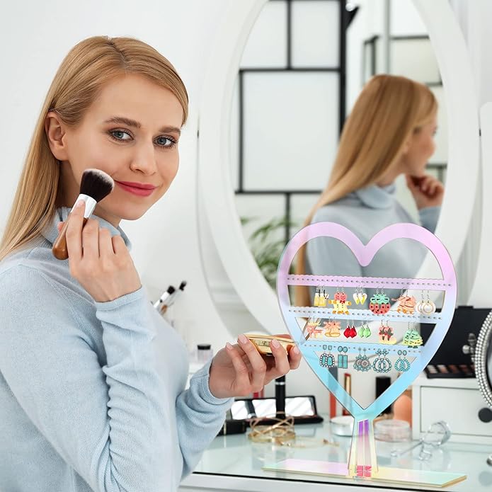 Qunclay Earring Holder Heart Shaped Jewelry Display with Holes 2 Tiers Earring Stand Aesthetic Cute Acrylic Rack for Women Dresser Nightstand Countertop Jewelry Organizer(Rainbow,1 Pcs)