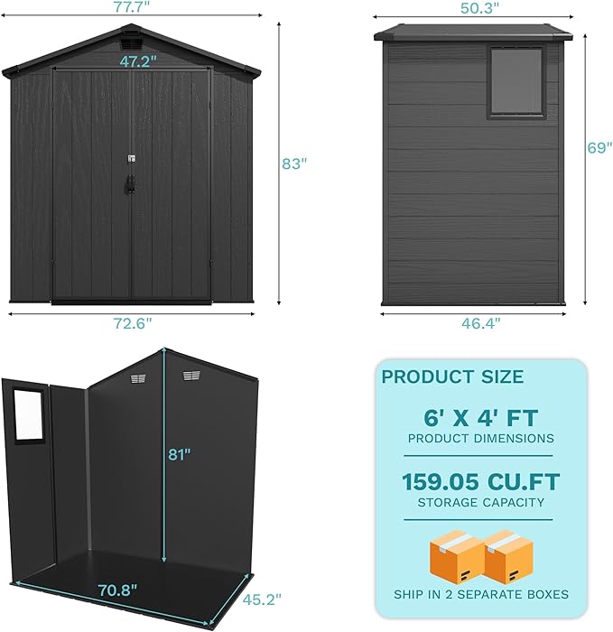 Devoko 6x4 FT Resin Storage Shed with Floor, Outdoor Plastic Garden Shed with Window, Waterproof Tool Storage Shed with Lockable Door for Patio, Garden, Backyard, Dark Gray