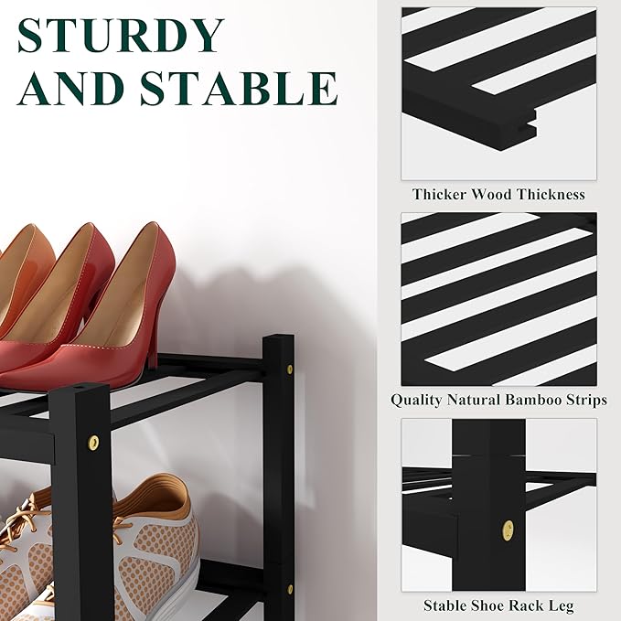 Smiry Shoe Rack, 3 Tier Small Bamboo Shoe Organizer, Stackable Free Standing Wooden Shoe Storage Shelf for Closet, Entryway, Front Door Entrance, Black