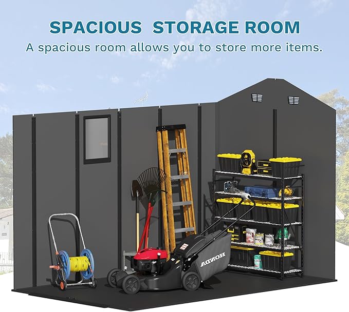 Devoko 6x10 FT Plastic Storage Shed, Outdoor Resin Garden Shed with Floor, Waterproof Tool Storage Shed with Lockable Door and Window for Patio, Garden, Backyard, Dark Gray