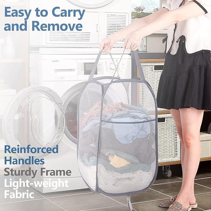 BATTOO Deluxe Strong Mesh Pop up Laundry Hamper Basket with Side Pocket for Laundry Room, Bathroom, Kids Room, College Dorm or Travel 3 x Grey