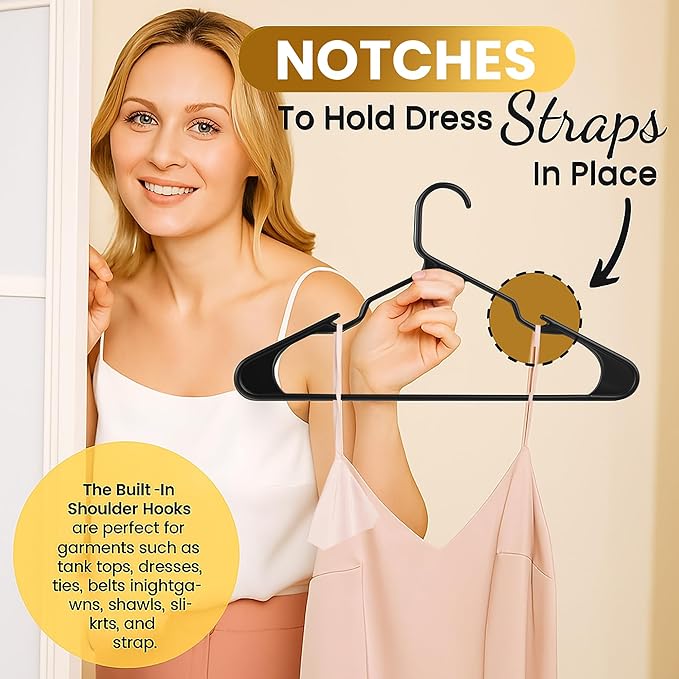30 Pack Adult Plastic Hanger for Shirt Pants Coats Dresses Skirts Suits Jackets - Standard Thick Coat Hanger - Sturdy & Durable Design with Shoulder Grooves Hook - Black