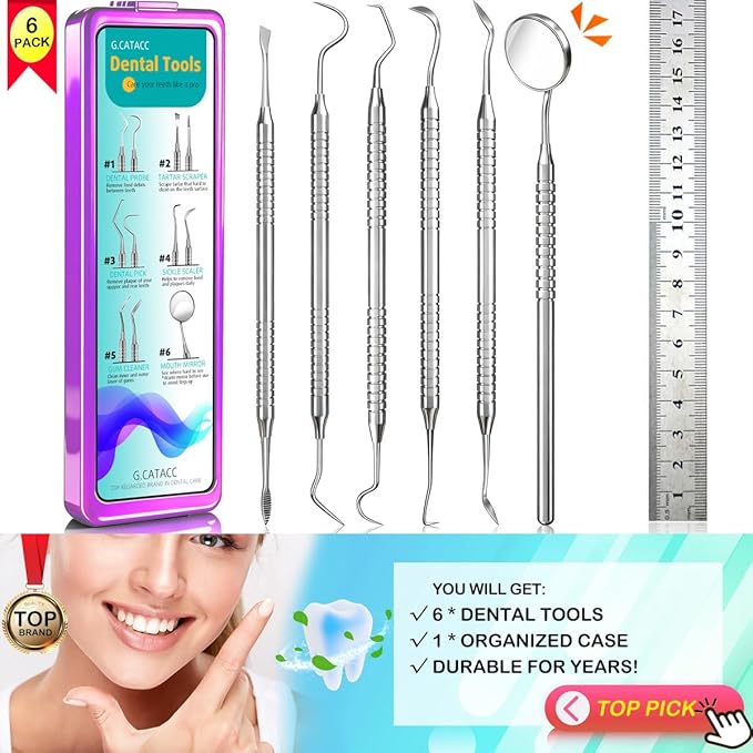 Dental Tools, Dental Pick for Teeth Cleaning, Stainless Steel Hygiene Kit with Tooth Scraper Plaque Tartar Remover - with Case