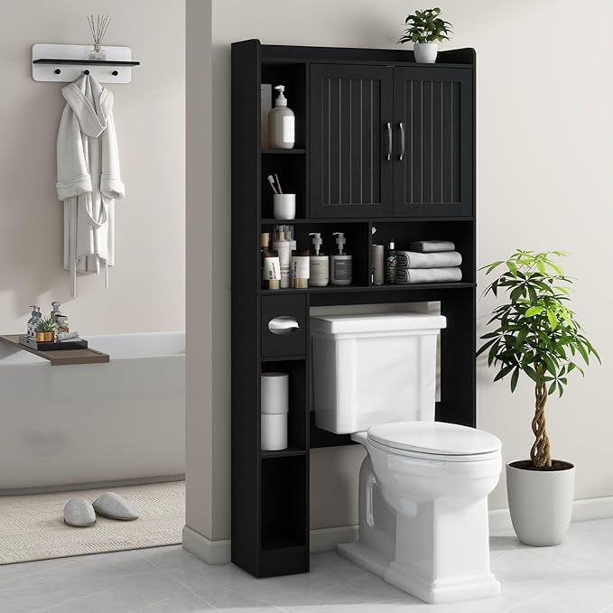 Vabches Over The Toilet Storage Cabinet, Farmhouse Storage Cabinet Over Toilet with Barn Door, Home Space-Saving Toilet Rack, for Bathroom, Restroom, Laundry（Black）.