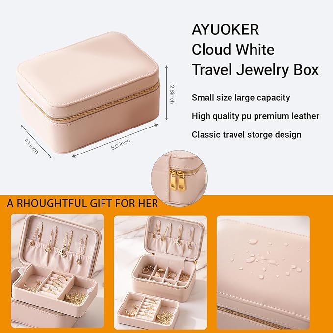 Small Travel Jewelry Box,2 Layers PU Leather Travel Jewelry Box, Portable Jewelry Storage with Large Capacity,Cloud White Jewelry Organizer Box Teacher Gifts for Women