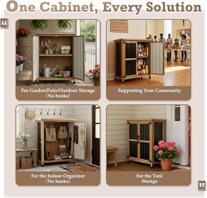 Outdoor Storage Cabinet Waterproof with Shelves, Storage Box with Lockable Doors, Wood & Metal Patio Yard Pool Garden Storage Cabinet Organizer, Gifts for Women Men