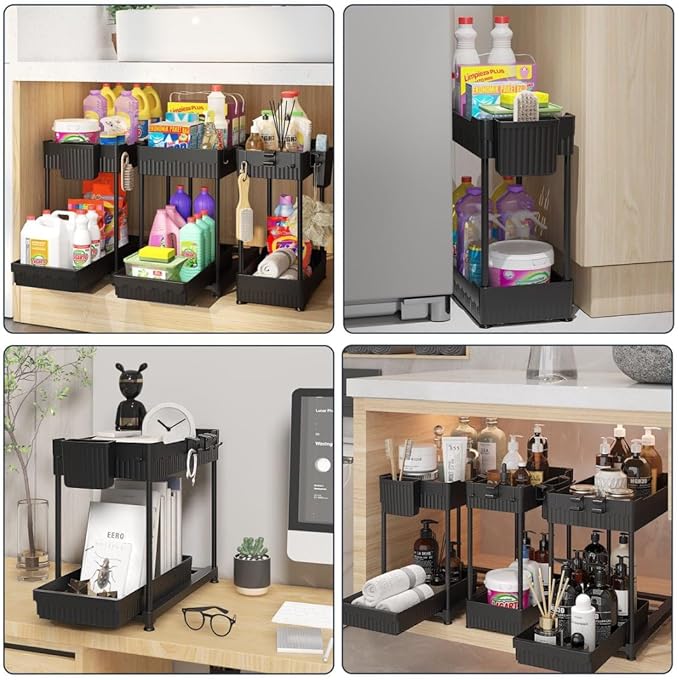 3 Pack Under Sink Organizers, 2-Tier Multi-Use Kitchen and Bathroom Organizers and Storage with Sliding Drawers，Bathroom Cabinet Organizer (Black, 12.8 Inch)