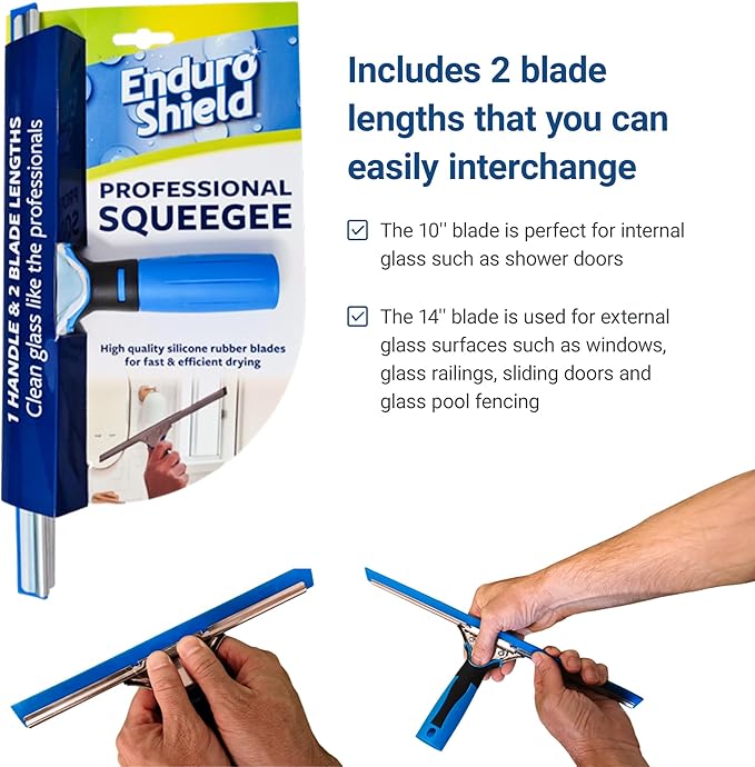 Professional Squeegee - Premium Quality Silicone Rubber Blades with Ergonomic Handle for Streak-Free Cleaning - Perfect for Windows, Shower Doors, and Railings