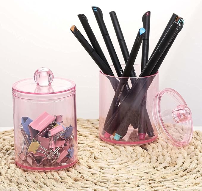 Tbestmax 2 Pack Qtip Holder Bathroom Jars Canisters for Cotton Ball Swab Pad Storage Dispenzer, Pink 10-Ounce