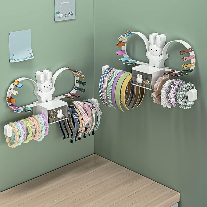 Cartoon Rabbit Hair Accessories Holder Wall Mount Headband Hair Tie Clip Headwear Hair Bows Display Stand Organizer White
