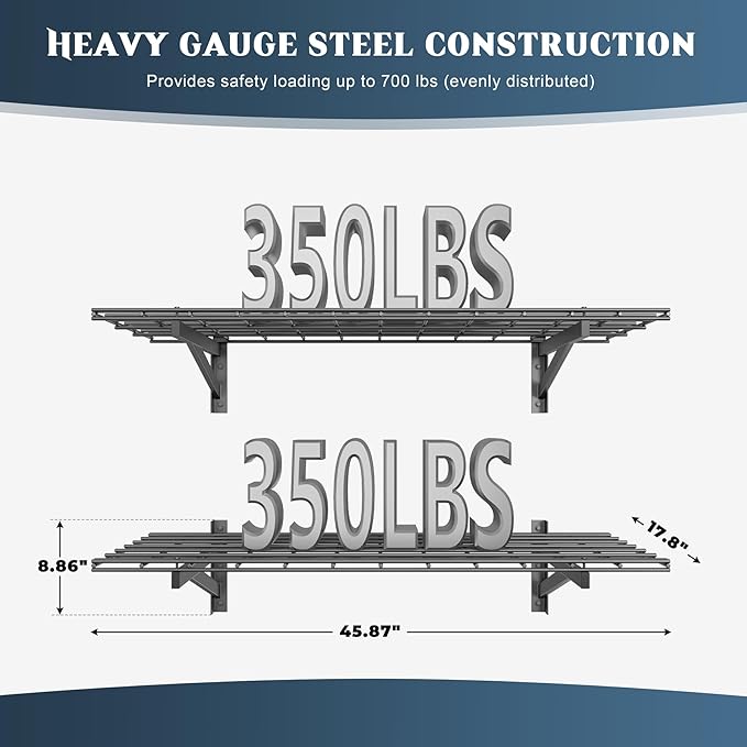 2 Pack Heavy Duty Garage Wall Shelving Set (1.5x4ft), Wall Mounted Garage Shelves 700lbs Capacity, 18"x48" Shelf Storage Rack Floating Shelves, Black