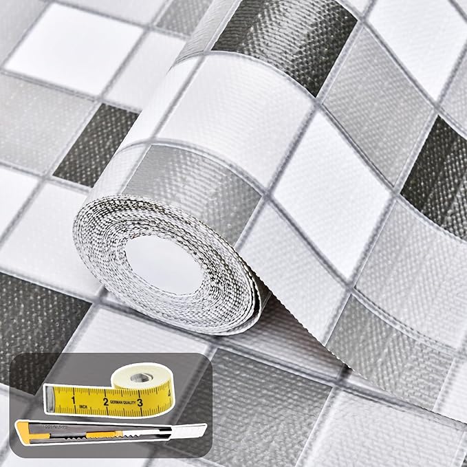 Drawer and Shelf Liner for Kitchen Cabinet: 17 in X 30 Ft Non Slip Waterproof Shelf Paper Non Adhesive Refrigerator Liners Gray Mosaic Easy Liners for Bathroom