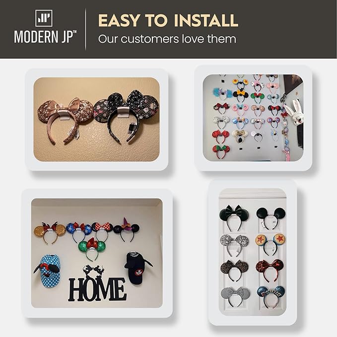 Modern JP Adhesive Hooks for Disney Ears (8-Pack) - Minimalist Disney Ear Holder, No Drilling Headband Holder Design, Strong Hold Headband Organizer - USA Patented, Clear