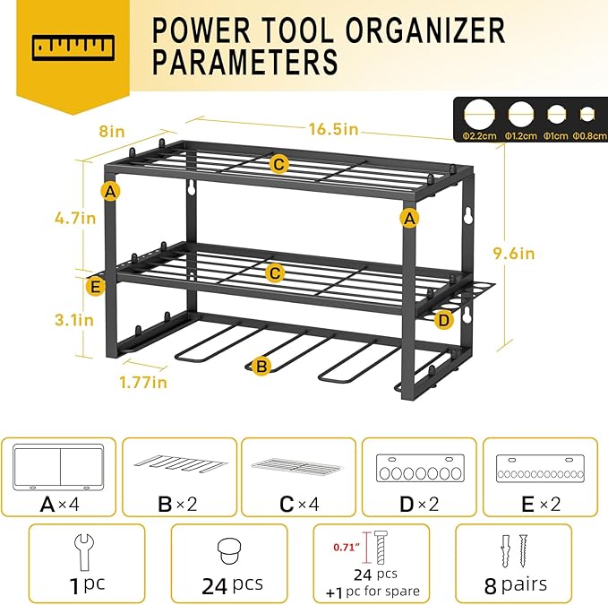 Spacecare Power Tool Organizer- Power Drill Tool Holder- Heavy Duty Tool Shelf & 2 Pack 3 Layers Tool Rack Cordless Drill Holder- Floating Tool Shelf Wall Mounted Tool Storage Rack for 8 Drill Holders