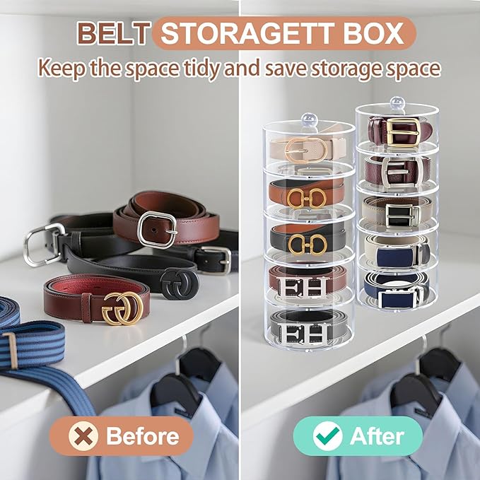 Belt Organizer, 5-Tier Acrylic Belt Storage & Holder for Closet, Clear Acrylic Display Case with Dust Cover for Belts