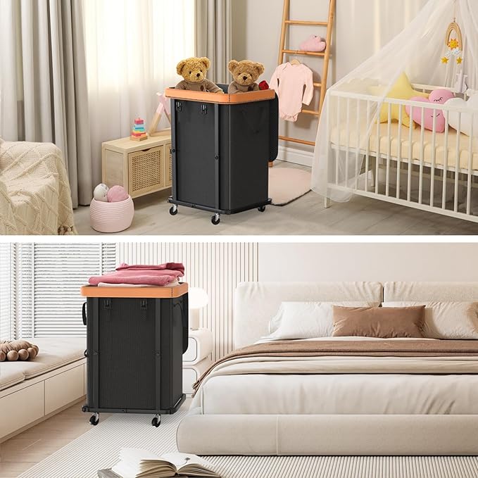 150L (40 Gal) Large Fashion Laundry Basket with Wheels, Leather Patchwork Rolling Hamper Carts, Sturdy Metal Frame, Removable Washable Bag, Tall Clothes Sorter for Bedroom, Laundry Room - Black