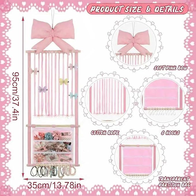 Hair Clip Organizer - Pink Bow Mesh Bag Wall Mount - Hair Clip Storage Wall Hanger - for Women Teen Girls Door Closet Bedroom Living Room Home Decor Apartment