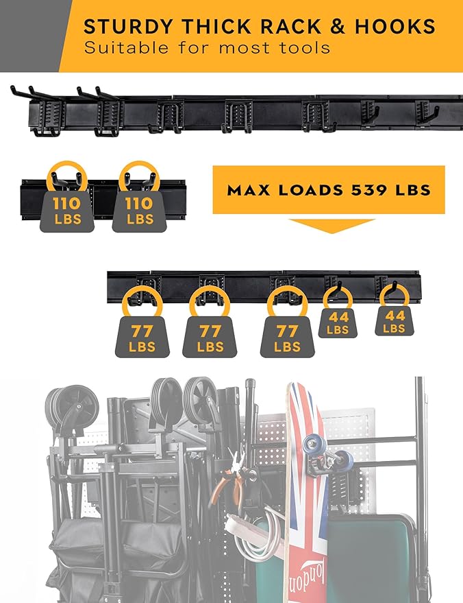 Wall Mount Garden Tool Organizer - 48 Inch Max Load 539lbs with14 PCS Adjustable Garden Tool Hanger Rack, Shovel Holder Wall Mount, Storage Hooks for Hanging in Garage