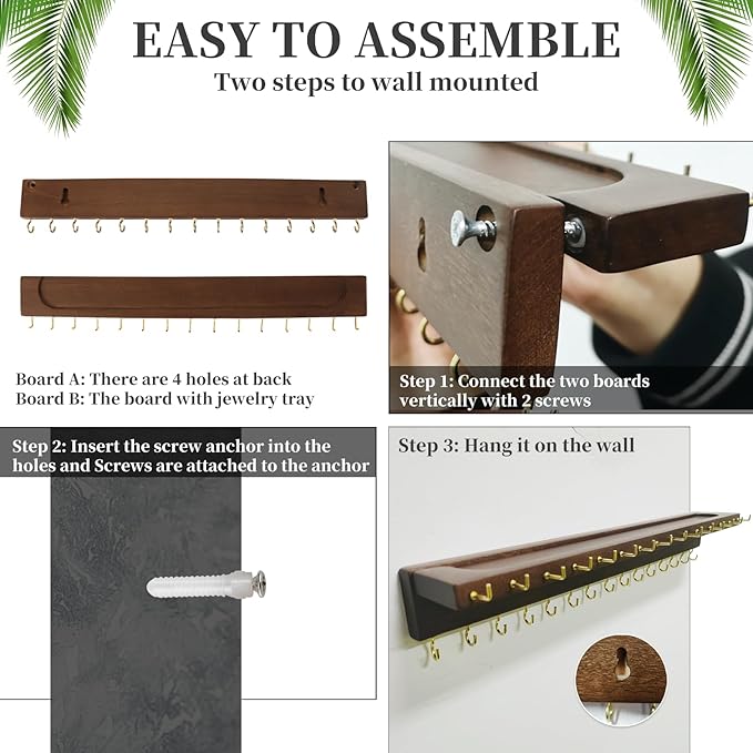 Necklace Holder, Upgraded Extra Large Wall Necklace Organizer with 30 Hooks Wall Mounted Necklace Hanger with Jewelry Tray/Cosmetics Shelf Rustic Pine Wood Holder (Walnut)
