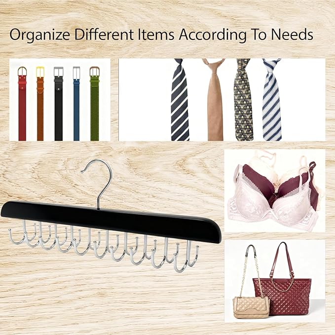 2 Pack Wooden Multi-Functional Belt Hanger with 20 Collapsible Metal Hooks - Closet Belt Organizer, Tie Holder & Belt Hooks for Space Saving, Perfect for Men’s Accessories Storage