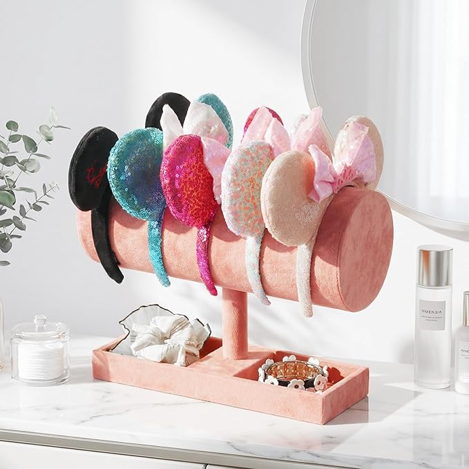 Coward Headband Organizer Holder Stand, Ear Headband Storager Display Stand Rack with Blank Tray for Hairband, Hairpin, Scrunchies,Chain Jewerlry and Hair Accessories (Peach Velvet)