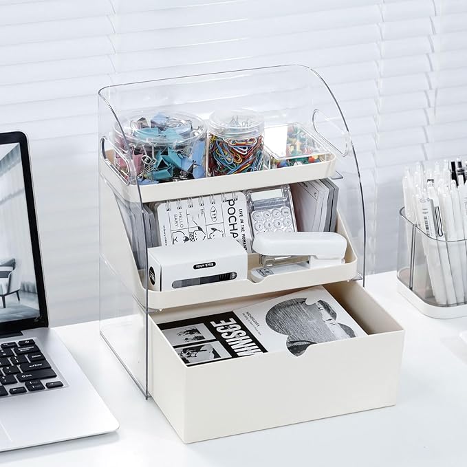 FABROK 3-Layer Desk Organizer with Drawer, Clear Office Supplies and Desk Accessories Organizer with Handle, Desktop Storage for Stationery（Cream）