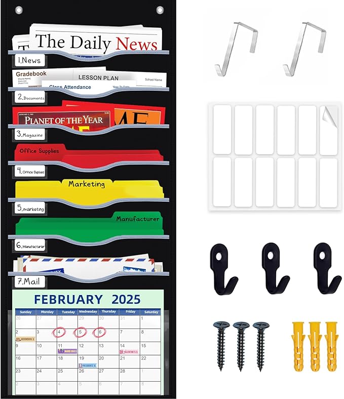 8 Pockets Hanging Wall File Organizer for Legal/ Letter/ A4 Size Paper, Over the Door Organizer, Black Pocket Chart for Classroom, Office, Home Use with 12 Name Tags, 5 Hooks and Clear Calendar Pocket