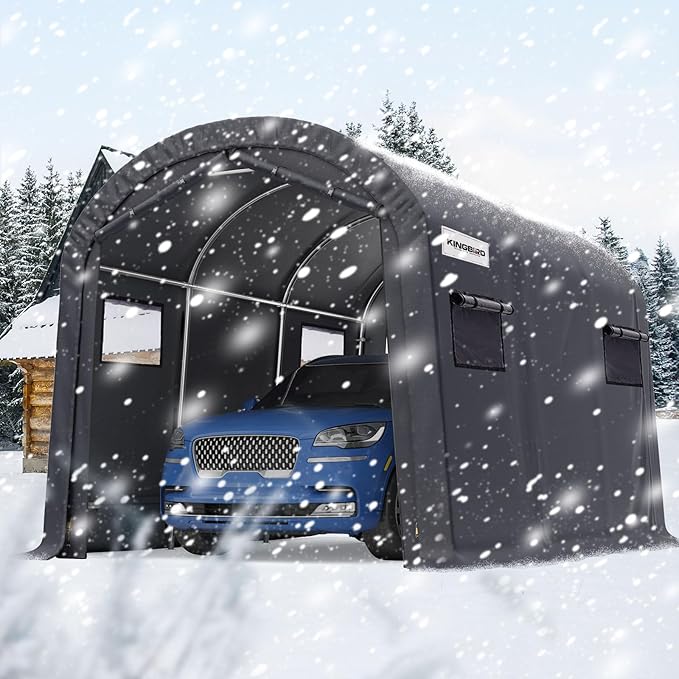KING BIRD 10' x 15' Round Style Garage Shelter Heavy Duty Storage Shelter Carport Portable Canopy Shed with Roll-up Ventilated Windows for Boat, Patio Furniture and Lawn Mower-Dark Gray