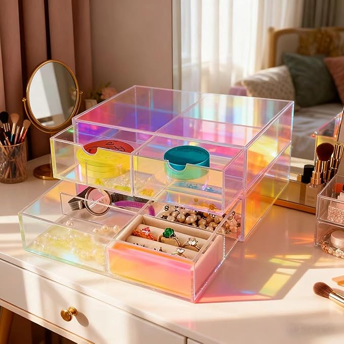 AZY Rainbow Acrylic Earring Organizer 2-Tier 3-Drawer with 6 Compartments, Multi-Purpose Vanity Countertop Organizer, Velvet Jewelry Tray for Rings, Necklaces, Makeup & Small Accessories