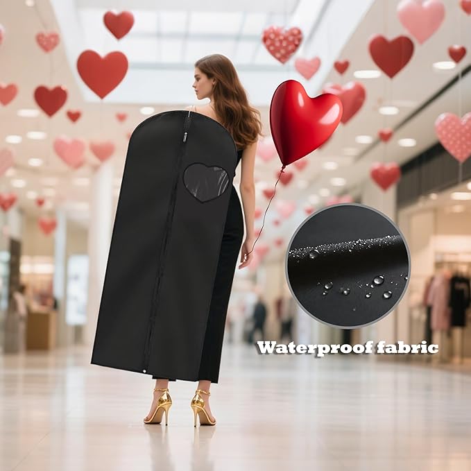 Dress Bags for Gowns Long, 60'' Garment Bags for Hanging Clothes, Suit Bag Cover for Storage and Travel, with Clear Heart Window, 2 Pack (Black)