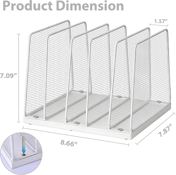 Small Desk File Organizer, 5-Section Upright File Sorter, Vertical File Folder Holder, Mesh Metal Wood Office Desktop Organization for Document, Magazine, Books and more (White)