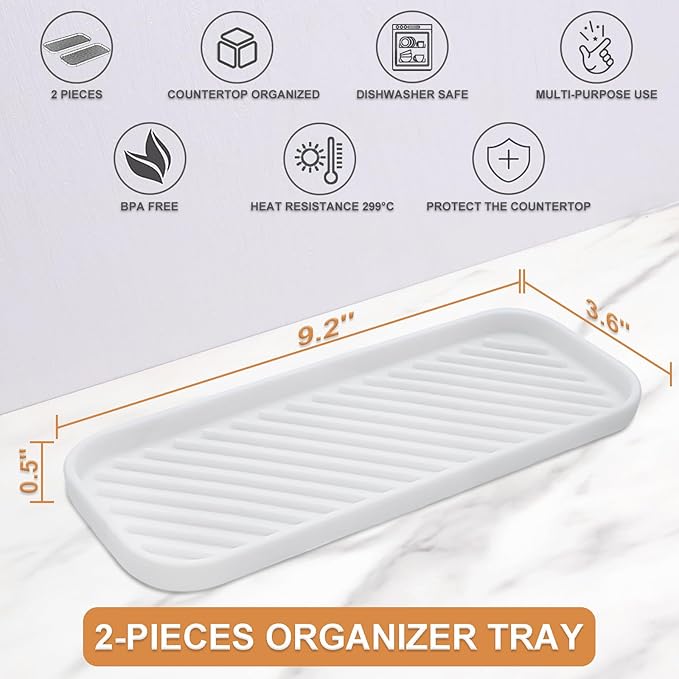 Silicone Organizer Tray, Soap and Sponge Holder for Kitchen Sink, Bathroom - Storage Tray for Dish Brush, Soap Dispenser, Dishwashing Accessories- 2 Pack (White)