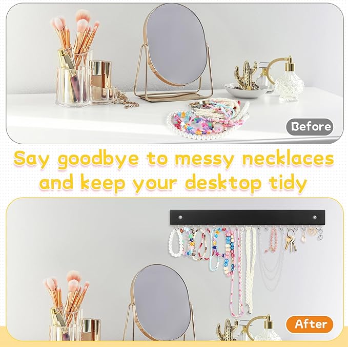 4 Pack Necklace Holder Wall Mount, Hanging Jewelry Organizer with 80 Hooks Total, Space Saving Wooden Necklace Holder for Wall, Necklace Organizer Hanging for Necklaces, Bracelets, Pendant
