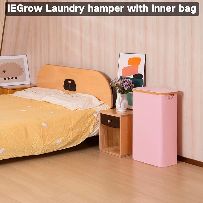 75L Slim Laundry Hamper, Narrow Laundry Basket with Lid,Foldable Clothes Hamper with Bamboo Handles,Hamper Basket with Removable Inner Bag for Laundry Room Bedroom College Dorm,19.8 Gals Pink