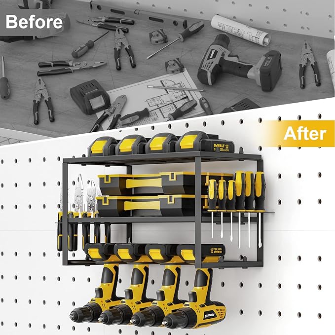 Spacecare Power Tool Organizer- Power Drill Tool Holder- Heavy Duty Tool Shelf & 2 Pack 3 Layers Tool Rack Cordless Drill Holder- Floating Tool Shelf Wall Mounted Tool Storage Rack for 8 Drill Holders