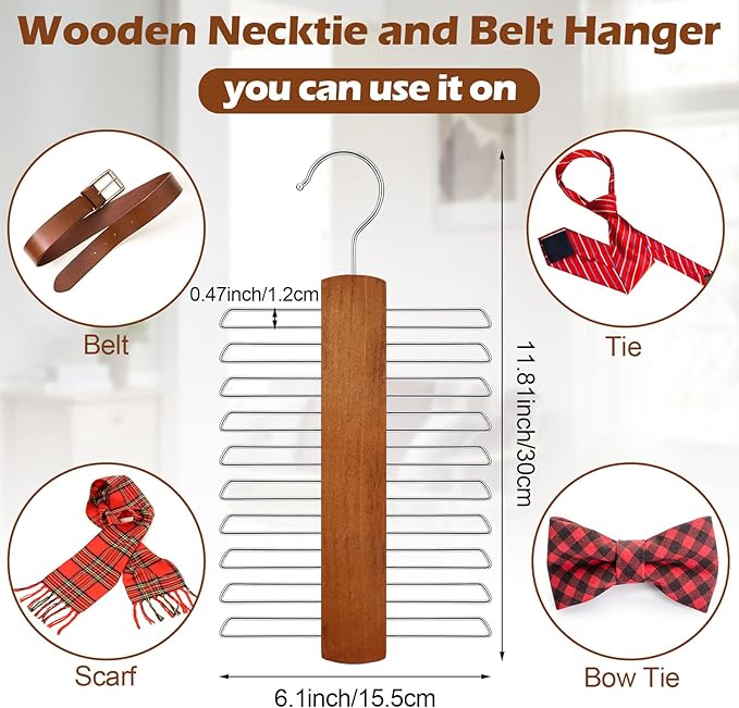 4 Pieces Tie Hanger for Men Wooden Necktie and Belt Hanger Wooden Tie Rack Holder Walnut Center Organizer and Storage Rack Finish 20 Hooks Space Saving Organizer for Closet(Archaize Color)