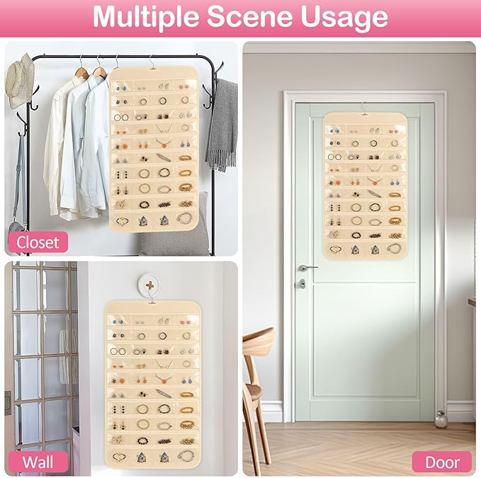 Hanging Jewelry Organizer for Closet with Swiveling Hanger, 17 x 30 In, 80 Clear Pockets Jewelry Organizer Hanging for Jewelries, Earrings, Accessories (Beige)