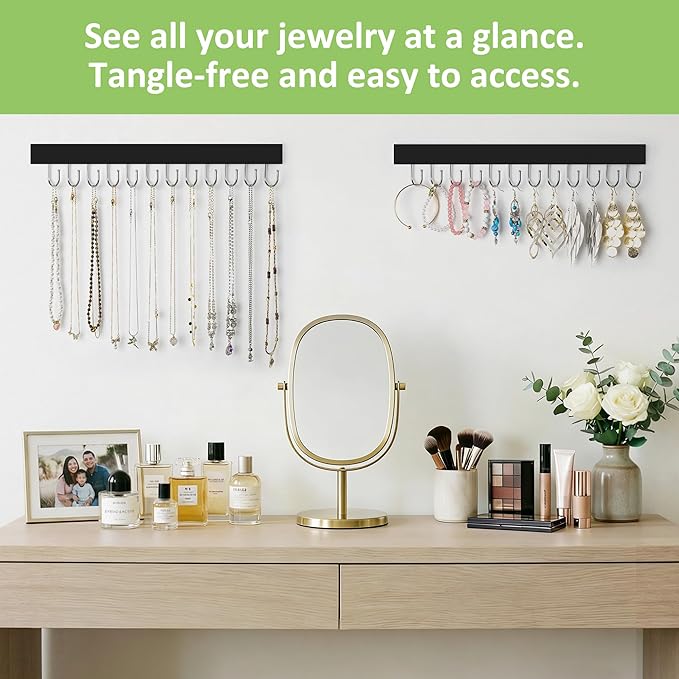 2 Pack Necklace Holder Wall Mounted, Hanging Jewelry Organizer with 24 Hooks Wooden Wall Necklace Hanger for Jewelry Storage, Black