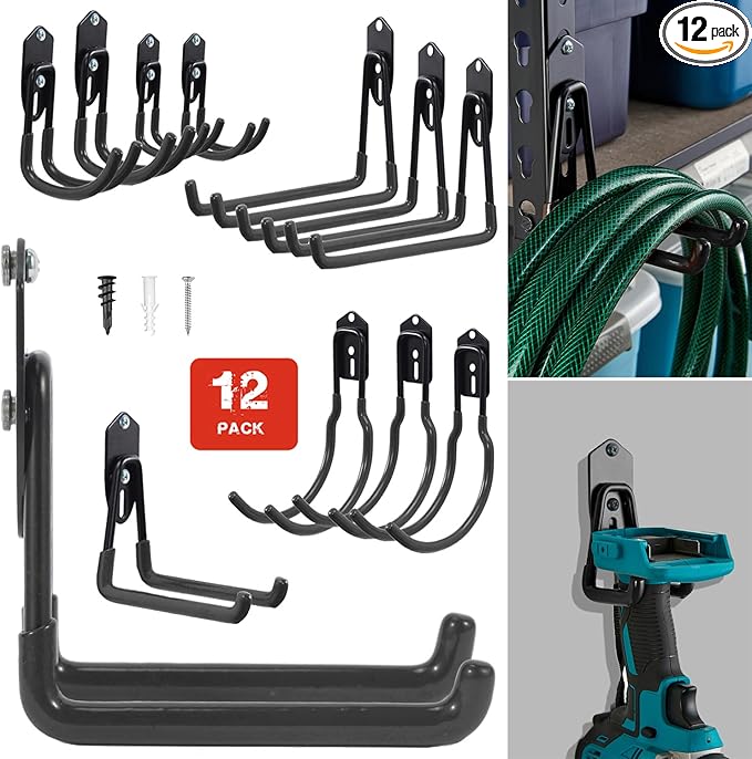 Wallmaster Garage Hooks Organizer Kit,12 Pack Adjustable Heavy Duty Shelving Hook,Wall Mount Utility Steel Garage Organization (Black)