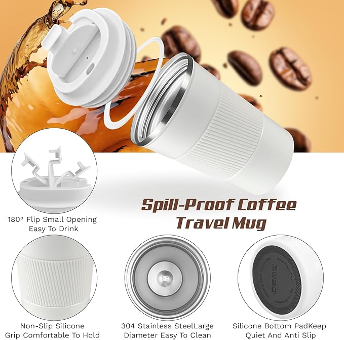 Vacuum-Insulated Stainless Steel Travel Coffee Mug, Leak-Proof Reusable Coffee Cup with Lid - Keep Hot & Cold Drinks for Hours, Durable Insulated Tumbler for Men & Women(3rd-White, 17OZ)